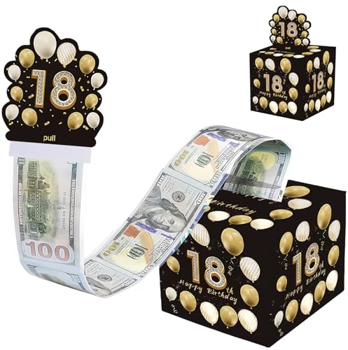 Happy Birthday Money Box for Cash Gift,Black Gold Pull Surprise Money Gift Box for Boys Girls 18th Birthday Presents,Money Cake Pull out Cash with Happy Birthday Card,Money Pull Box for Her Him