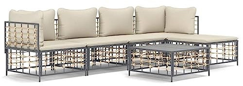 Homgoday 6-TLG. Garten-Lounge-Set mit Kissen Gartenmöbel Set Balkon Lounge Gartenlounge Sofa Ecksofa Garten Sitzgruppe Balkonmöbel Gartengarnitur Anthrazit Poly Rattan
