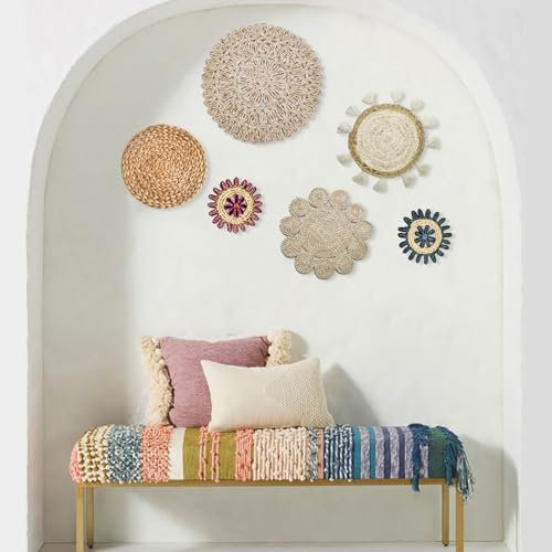 6er Set Boho Wandkörbe, Handgefertigte Hängende Wanddekoration Aus Gewebtem Seegras Aus Rattan, Boho Wanddekoration Aus Korbgeflecht, für Küche Wohnzimmer Schlafzimmer