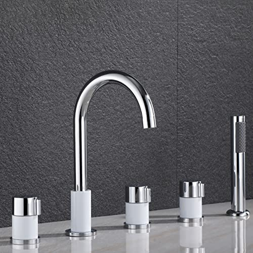 5-Loch Wannenrandarmatur Badewannenarmatur mit Brause, Mischbatterie Badewanne Duschbatterie Modern Weiß+Chrom