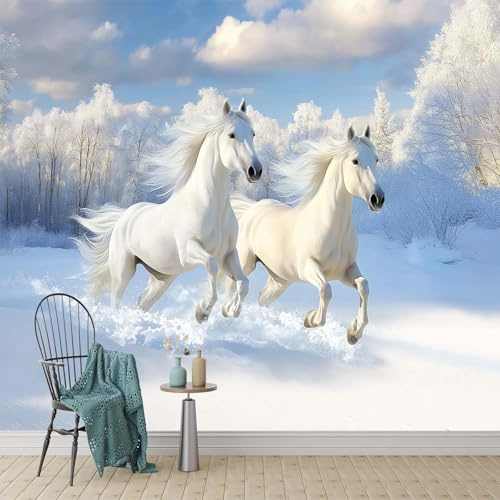 Fototapete 350 x 256 cm Moderne Wandtapete für Schlafzimmer und Wohnzimmer - Vlies Tapeten mit UV-Beständigkeit und Geruchsfreiheit - Wandbild mit Zwei Pferde Auf Schnee