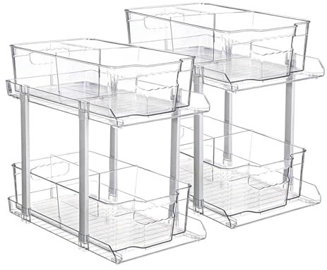 Focenat 2 Pack 2 Niveles Organizador Bajo Fregadero Cocina, cajón Deslizante Armario Cocina con Separadores Extraíbles, Organizador Cocina Estante Especieros, para Cocina Baño Despensa Dormitorio