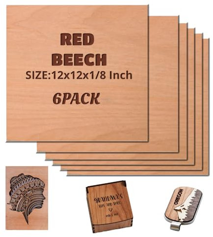 Uadme Sperrholzplatte 3mm, 6 Stück 300x300x3mm Sperrholz Rotbuche, Laser Leimholzplatte Unbehandeltes Holz für Laser Gravur, CNC Schneiden, Malerei, DIY Modell, Weihnachtsdeko
