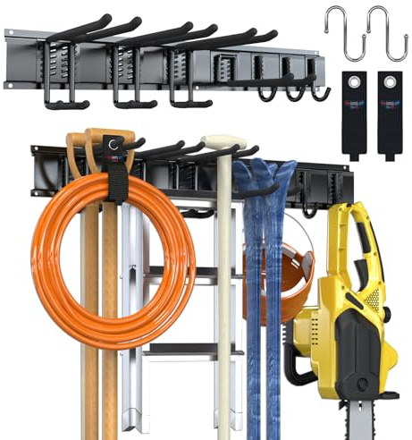 3-H Garage Aufbewahrung, 80 cm einstellbarer Gartengerätehalter, Schwarz | Mit 7 Wandhaken & 2 S-Haken - vielseitiger Werkzeughalter für Garage Keller Garten Skiausrüstung Besen Schaufeln & Rechen