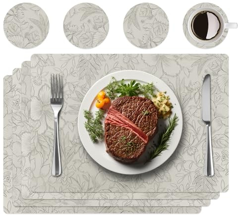 4er Set Tischsets aus Kunstleder,Platzsets abwaschbar mit Dekor | Inklusive 4 Untersetzern,edle Blumendekor-Prägung,rutschfest & hitzebeständig,idealer Tischschutz für Küche & Esstisch