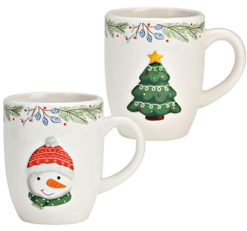 Weihnachtstassen Set aus Keramik mit Tannenbaum und Schneemann Motiv - 300 ml Kaffeebecher für Weihnachten Ø 8 x 10 cm cm - Bunte Tassen ideal für Kaffee, Tee oder Glühwein Spülmaschinengeeignet