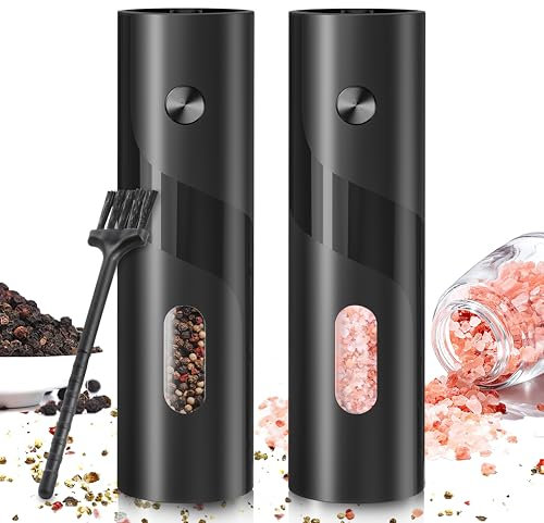 Verbesserte Elektrisch Salz und Pfeffermühle Set, 2 Stück Gewürzmühle Elektrisch- Riesige 120ml Kapazität, Mahlen Einstellbare Grobheit mit LED-Licht, Batteriebetrieben, Inklusive Reinigungsbürste