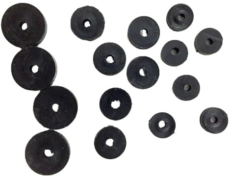 Rubber Tap Washers Assorted Sizes 3/8”, 3/4”, 1/2 Inch Black Pack of 15 | Flat rubber plumbing seals for sink, basin, bath and shower tap repairs, with five washers in each of three UK sizes.
