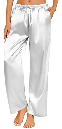 Silk Pyjamas Bottoms for Women UK Clearance,Ladies Lounge Pants Satin Silk Wide Leg Sleepwear Casual Loose Elastic Waist Pj Pants Nightwear Loungewear Pajamas Bottoms Trousers White