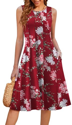 Hotouch sommarklänning dam elegant jerseyklänning ärmlös strandklänning veckad midiklänning med fickor lätt tank klänning, Vinröda blommor, S