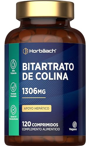 Bitartrato de Colina 1305mg | 120 Comprimidos Veganos | Colina Natural Activa | 652mg por comprimido | Contribuye al Metabolismo Normal de la Homocisteína de los Lípidos y La Función Hepática Normal