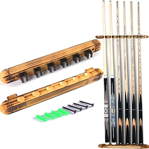 XUBX Soporte para 6 tacos de billar montado en la pared, soporte para tacos de billar de color madera, soporte para palos de billar montado en la pared, accesorios de clip para juegos de billar,
