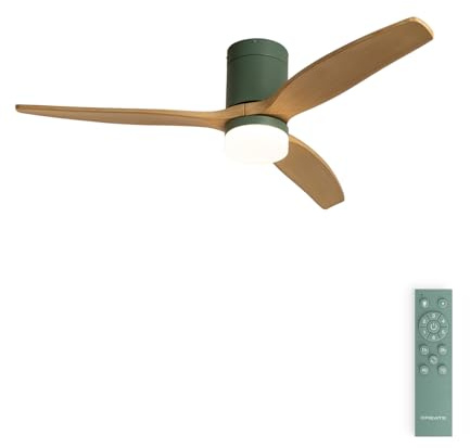CREATE / WINDCALM M/Ventilador de techo ABS con luz verde sage aspas efecto madera clara y mando / 40W, Silencioso, Ø132 cm, 3 temperaturas de luz, temporizador, función verano-invierno
