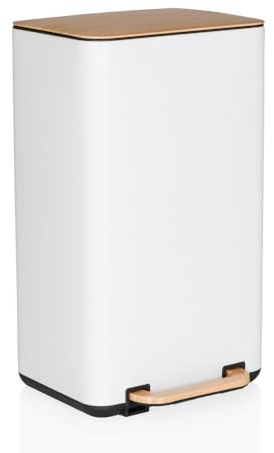hjh OFFICE Cubo de basura de cocina, 30 litros CLEAN NATURA cubo de basura de metal con cierre suave, cubo de pedal con cubo interior, crema/nuez