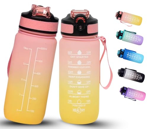 BierEx Trinkflasche Kinder 600ML, BPA-Frei Tritan Wasserflasche mit Strohhalm, Sport water bottle mit Zeitmarkierung für Fitness, Schule, Yoga, Outdoor (Rosa Gelb)