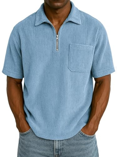 Generisch Polo Shirt Herren Kurzarm Waffelmuster Polohemd Mit Brusttasche Reißverschluss Poloshirt Einfarbig Hemden Oberteil Playeras De Cuello para Hombre(Blue, L)