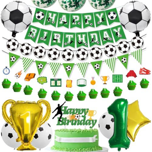 Kit Décoration Anniversaire Foot - Ballons Aluminium Chiffre 1 Vert, Ballons Aluminium Football, Ballons Confettis Vert, avec Décorations de Gâteau, ruban de ballon, pour Enfant 1 Anniversaire Party