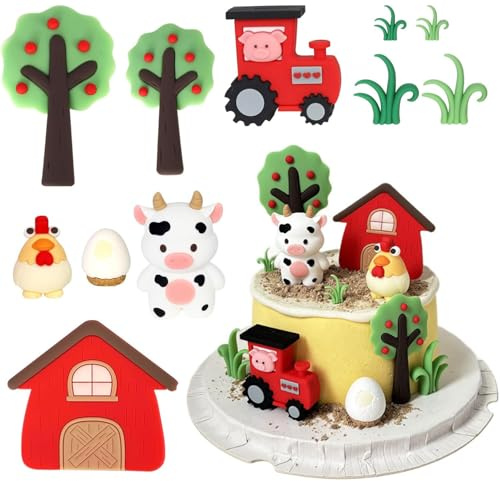 JDCMEI Bauernhof Tier Kuchen Topper, 11 Stück Kuh Tortendekoration, Bauernhof Tierkuchen Dekoration, Bauernhof Geburtstag Deko, Kuh Schwein Huhn Traktor Bauernhof Tier Geburtstags Dekoration