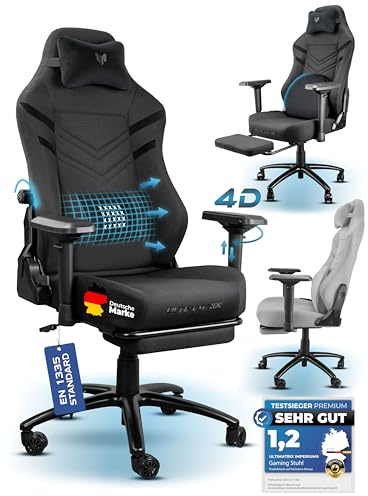Ultimatrix FURY Gaming Stuhl Ergonomisch [TESTSIEGER] Integrierte Lordosenstütze, 4D-Armlehnen, Atmungsaktiver Stoff, Fußstütze, Gamingstuhl Kaltschaum, Gaming Chair 150kg, Schreibtischstuhl (Schwarz)