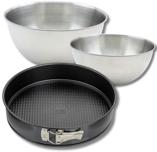 Zenker & Fackelmann 9362750 Moule à manqué 30 cm Noir Acier, 2 Bols Mixer Inox 20,5 cm & 25 cm, Spatule Silicone Lila, 30 cm | 25 cm | 20,5 cm