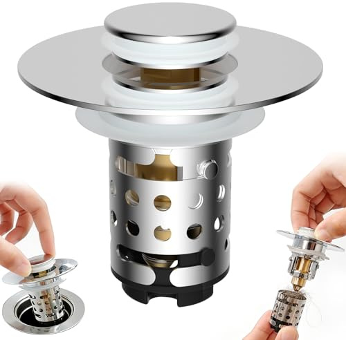 3-in-1 Waschbeckenstöpsel mit Pop-Up Funktion, Abflussstopfen mit Abnehmbarem Edelstahl Haarfänger, Universal Abflusssieb für 25–46 mm Beckenloch, Messingkern, Chrom