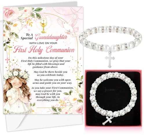 HOWAF First Holy Communion Card for Granddaughter, Congratulations Card & Pearl Cross Bracelet, Gift Box for 1st Holy Communion Gifts for Granddaughter