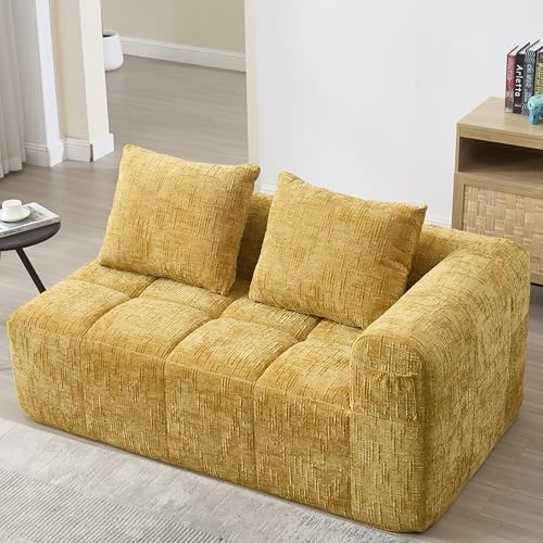 DRIXNO Ecksofa mit Schlaffunktion, Cloud Boneless Couch mit Tiefer Sitzfläche, 2 Sitzer Bequemes Chaiselongue-Sofa, Schlafsofa Freistehend, Weiches Sofa mit Rückenkissen, 158x90x60 cm, Gelb