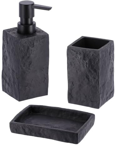 Tendance - Set di Dispenser per Sapone e portasapone in poliresina Effetto Pietra - Nero - Bagno - Accessorio da Bagno Indipendente