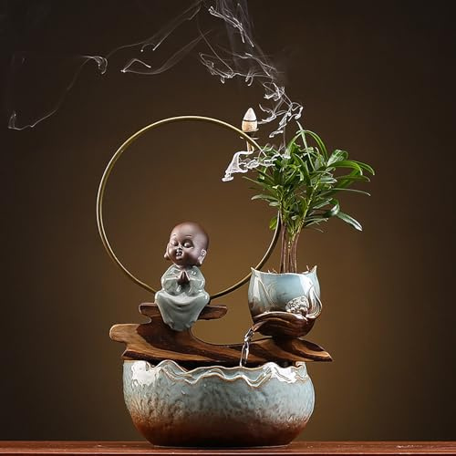 Bordfontän, Keramik, Automatiskt cirkulerande vattenflöde, Bakflödesrökelsebrännare, Feng Shui Zen, Inredning för inomhus, Kontor, Vardagsrum(A,8.6 * 7.4 * 12.5in)