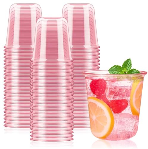 niCWhite 50pcs Pink Plastic Cups 12oz Cocktail Cups Stemless Wine Glasses | Reusable Pink Party Cups Cute Cold Drinking Cups for Birthday, Wedding, Valentines, Christmas, Bridal Shower