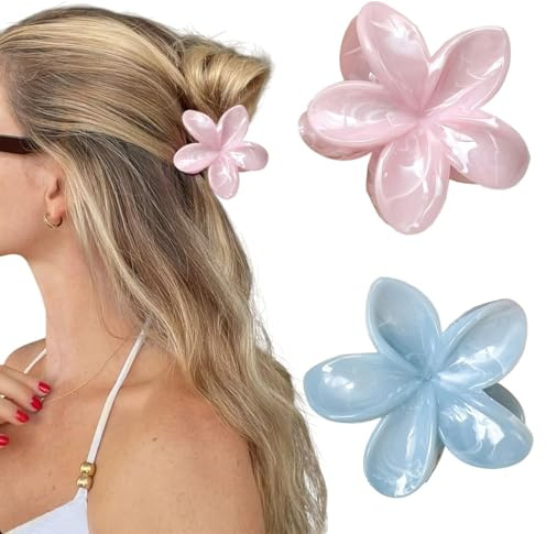 2 Piezas Pinza Pelo Flor, Lindas Pinzas de Flores, Flower Hair Clip Grandes, Pinzas Flores Pelo Antideslizantes, para Mujeres Niñas Cabello Grueso y Fino (Rosa + Azul)
