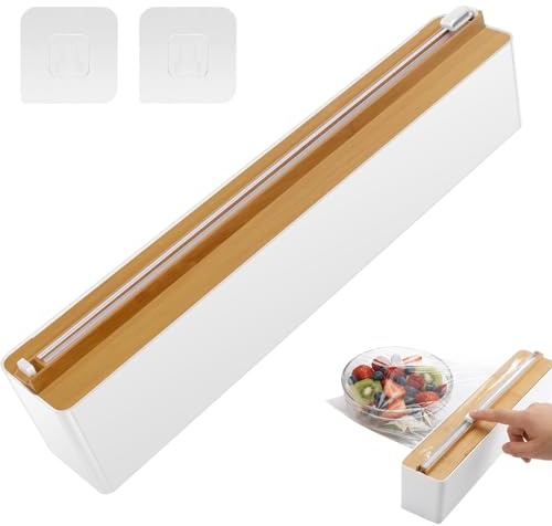 Magnetic Cling Film Dispenser with Slide Cutter, Refillable Aluminium Foil and Plastic Wrap Dispenser for Kitchen, Wall Mounted or Fridge Magnetic Foil Holder with Adhesive Hooks(Wood grain color)