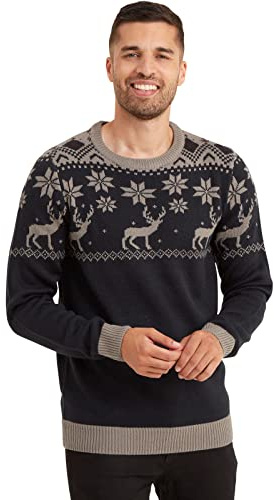 Snuggaroo Mens Reindeer Knitted Fair Isle Christmas Jumper - Navy/Grey - M