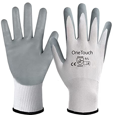 A406 12 Pairs White Work Gloves, Nitrile Coated Safety Work Gloves, Work Gloves Suitable for General Duty Builders Gloves, Nitrile Coated Gloves Gardening Gloves (X-Large)