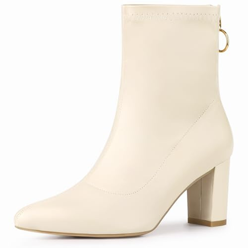 Allegra K Women's Pointy Toe Back Zip Block Heel Dark Beige Ankle Boots 7 M US