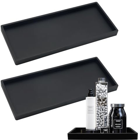 2 Pezzi Vassoio Rettangolare Nero in Silicone Per Vanità, Vasca da Bagno, Lavello Della Cucina E Bagno - Portaoggetti Piccolo