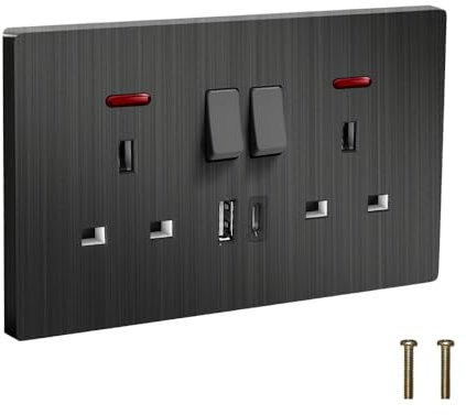 EINNO Double Switched Wall Outlets with USB C and A, 13 Amp, Brushed Black