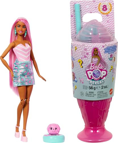 Barbie Pop Reveal Colección Dulces Muñeca de Moda y Accesorios, temática de Sweet Swirl, Mascota y 8 sorpresas, Incluye Cambio de Color, JFY62