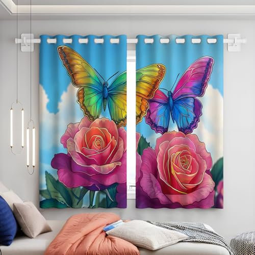 SMBHIAON Cartoon butterfly Blackout Curtains Bedroom Super Soft Thermal Insulated Curtains pink rose Blackout Eyelet Blackout Curtains for Living Room 52 W × 63 L (Pack of 2)