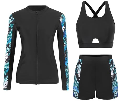 Ausing Rashguard-set för dam rashguard wakeboard-set strandsurftröja med tankini + shorts S-XXL, Färg: blå, XL