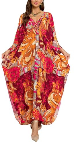 Orshoy Damen Bohemian Kaftan Nachthemd Langes Bikini Cover Up Loungewear Strandkleid Vertuschungen Robe Caftan Beach Dress Sommer Orange Rot