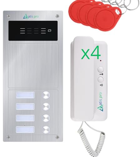 Kit citofono audio 2 fili per 4 appartamenti – Citofono collettivo antivandalo con lettore RFID – Kit completo con alimentatore e cornetti – Installazione da incasso o a parete – Facile da installare