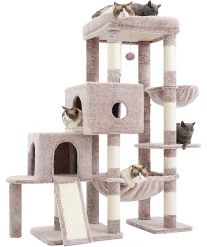 Hey-brother Kattträd, klösbräda för katter med stor plattform, stegstruktur, med 2 kattbon, en rymlig hängmatta, en sisalklösare och en korg, brun beige MPJ071MU
