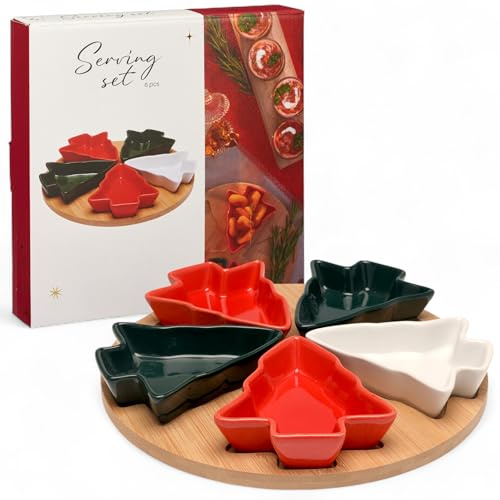 MIJOMA Servierset Weihnachten 6-teilig – 5 Schälchen in Tannenbaumform auf rundem Holztablett – Servierplatte Rot, Grün & Weiß – Festliches Dip- & Snackset für die Feiertage
