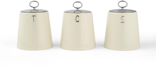 Salter Retro Cream 3-Piece Canister Set– Tea, Coffee & Sugar Canisters, Dry Food Storage Containers, Durable Steel, Stylish Embossed Lettering | Embossed labels, secure fitting lids, dry goods storage for countertop, coordinated vintage style, kitchen organisation set