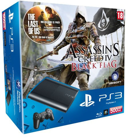 Console PS3 500 Go Noire + Assassin's Creed 4 : Black Flag + The Last of Us