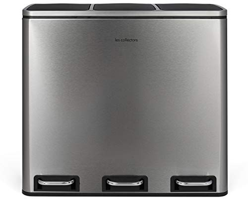 Les Collectors Treteimer aus gebürstetem Edelstahl N°982 Fassungsvermögen 54 L, 3 Fächer 18 L, Widerstandsfähig, Küche, Herausnehmbare Siegel, Recycling, Mülltrennung, Geräuschloser Deckelverschluss.