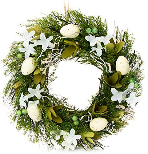 COM-FOUR® Osterkranz mit Blumen aus Holz und Eiern, dekorativer Tischkranz, Türkranz mit Aufhänger, stylische Osterdekoration