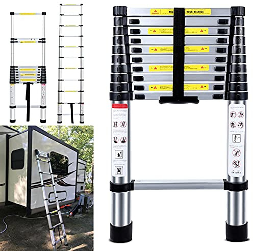 Aluminum Telescopic Loft Extension Ladder Non-Slip Straight Ladder 10.5FT/ 3.2M Heavy Duty Telescopic Ladder 11 Steps, 150kg/330lbCapacity with Certificate EN 131