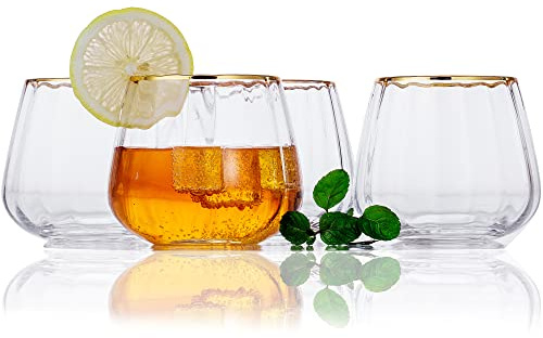 Lysenn Stemless Wine Glasses Set of 4 - Premium Hand Blown Drinking Glasses for White and Red Wine - Elegant Wide Vertical Stripe and Gold Rim Design - Clear 11.8oz